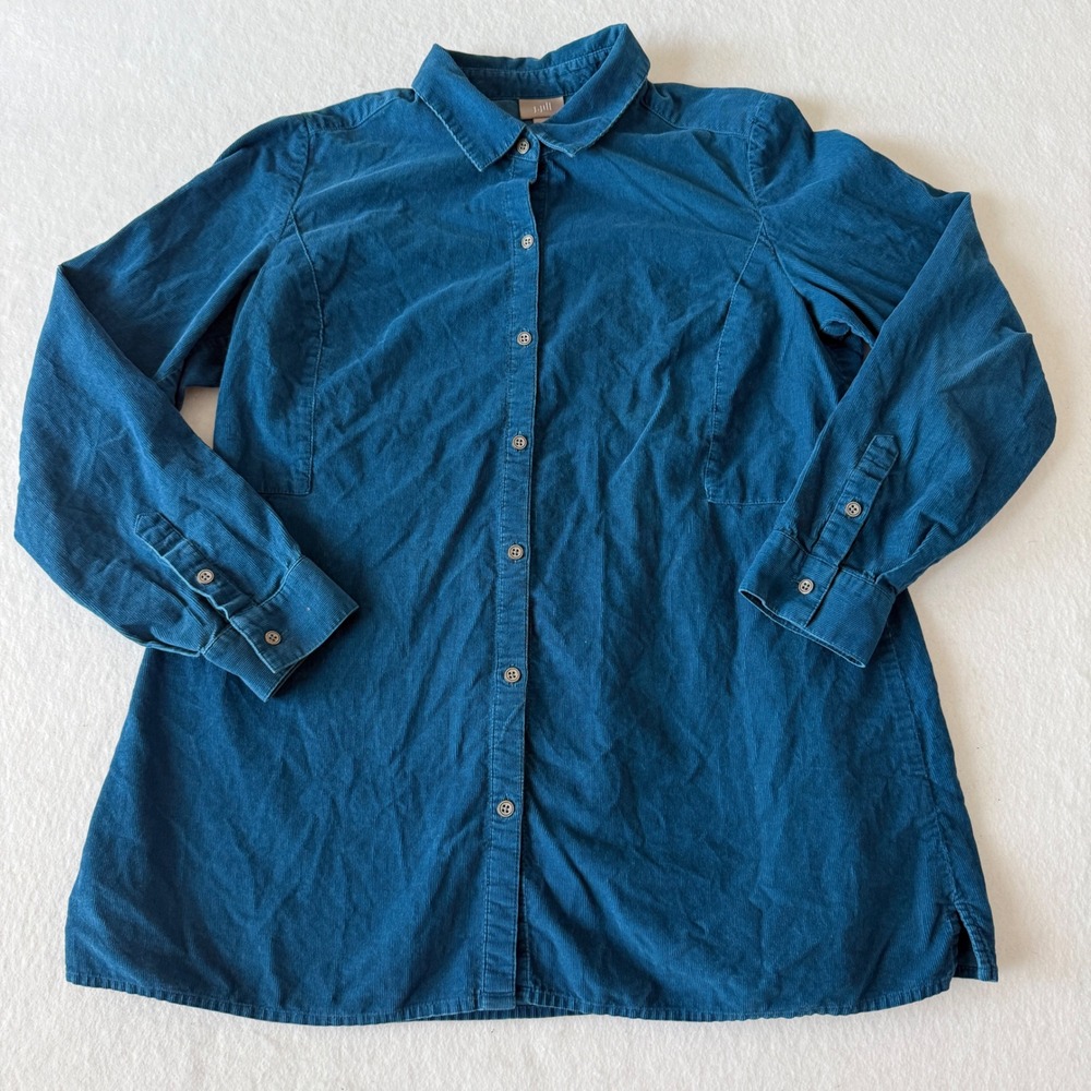 J. Jill Corduroy Button Down Shirt Women Medium Teal Blue‎ Fine Wale Tunic